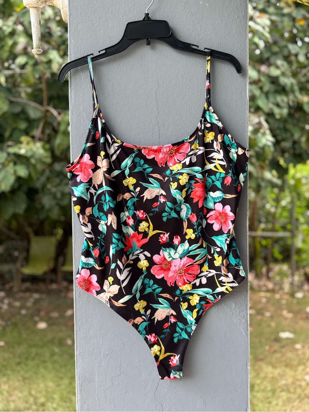 Black Floral Bodysuit with Red, Pink, Yellow & Teal Accents XXXL
